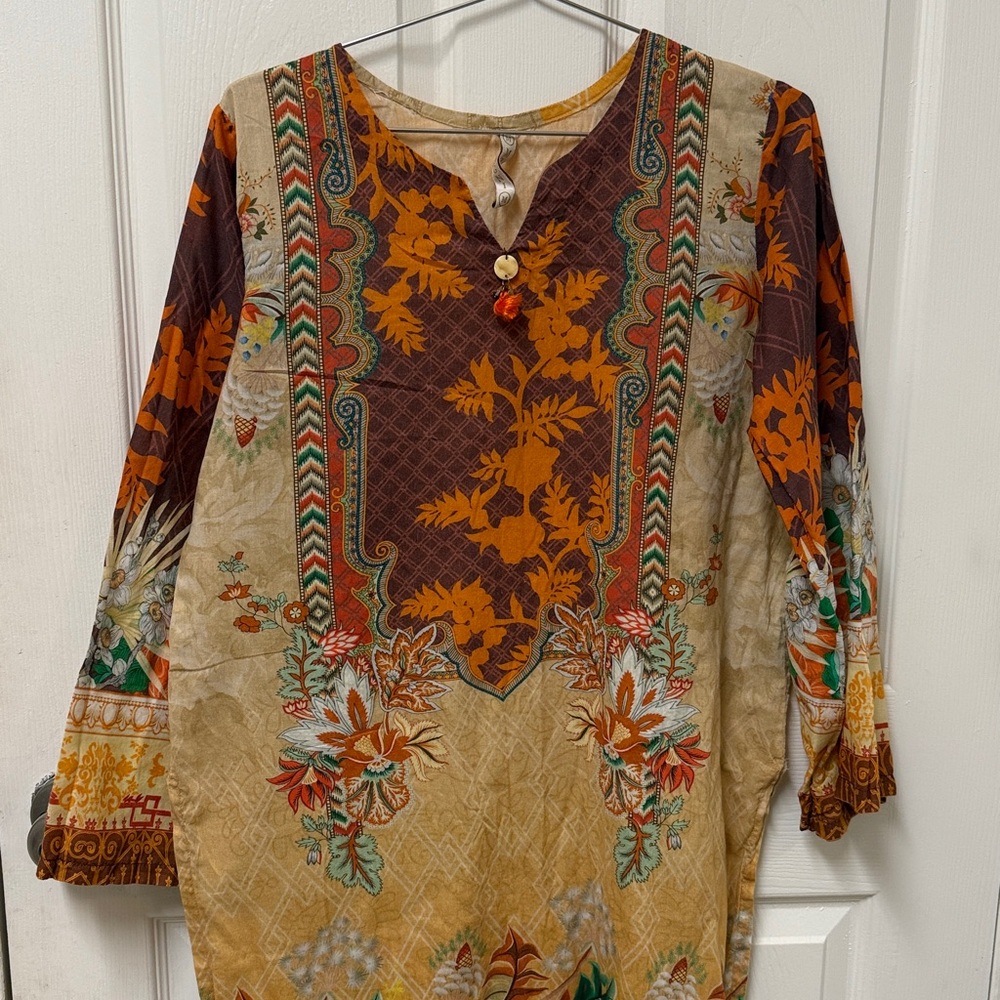Pakistani Indian Floral Print Tunic Dress in Mustard and Brown - Picture 4 of 9